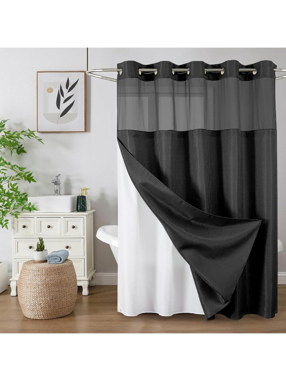 New Star Black No Hook Waffle Shower Curtain with Liner, 72 x 75 Inch